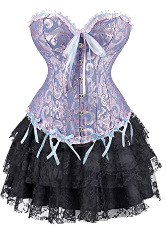 Jutrisujo Corset Dress Korsett Kleid Damen Rock Corsage Elegant Kostüm mit Corsagenkleid Spitzenrock Halloween Schwarz Blau S von Jutrisujo