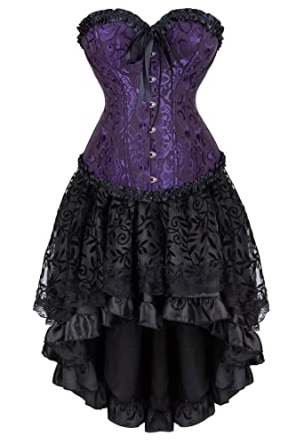 Jutrisujo Corset Dress Skirt Tutu Set Korsett Damen Kleider Rock Corsage Bustier Korsagenkleid Elegant Gothic Vintage Burlesque Violett Schwarz 4XL von Jutrisujo