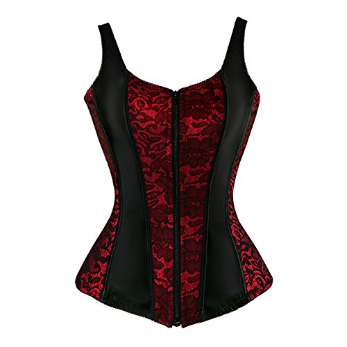 Jutrisujo Corsette Damen Korsett Vollbrust Corsagen Und Bustier Mit Strapse Reissverschluss Spitze Top Satin Vintage Rotes 7XL von Jutrisujo