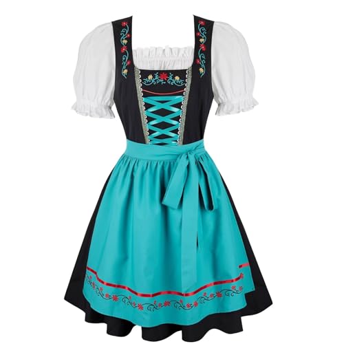 Jutrisujo Dirndl Damen Midi Trachtenkleid 3tlg Schürze Bluse Kleider Mini Women's Dirndl Dresses Oktoberfest Outfit Bayerische Dirndlkleid Karneval Kleidung Kostüm Blau 2XL von Jutrisujo