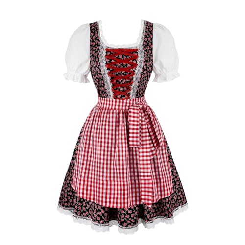 Jutrisujo Dirndl Damen Trachtenkleid 3tlg Schürze Bluse Kleider Midi Oktoberfest Outfit Bayerische Karneval Kleidung Kostüm Women's Dirndl Dresses Schwarz Rot L von Jutrisujo