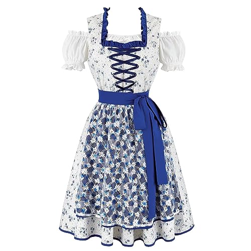 Jutrisujo Dirndl für Damen Trachtenkleid 3tlg Schürze Bluse Kleider Midi Oktoberfest Outfit Bayerische Karneval Kleidung Kostüm Blau S von Jutrisujo