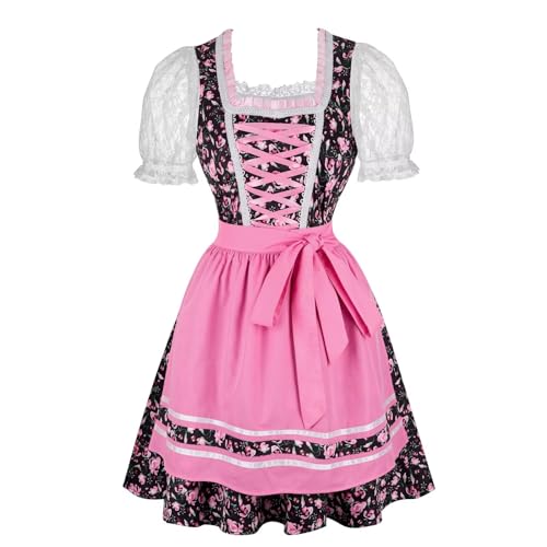 Jutrisujo Dirndl für Damen dirndelkleider Trachtenkleid 3tlg Schürze Bluse Kleider Midi Oktoberfest Outfit Dirndel Bayerische Karneval Kleidung Kostüm Rosa XS von Jutrisujo