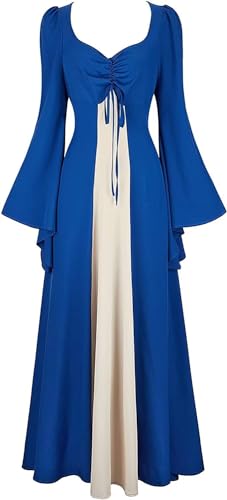 Jutrisujo Kleid Damen Mittelalter Kostüm Renaissance Party Gothic Langarm Kleidung Cosplay Kleider Retro Maxikleid Karneval Prinzessin Vintage Halloween TrompetenäRmel Mittelalterliche Dress Blau 2XL von Jutrisujo