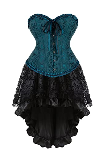 Jutrisujo Kleid mit Korsett Damen Corset Dress Rock Set Corsage Korsagenkleid Elegant Gothic Vintage Burlesque Mittelalter Grün Schwarz 3XL von Jutrisujo