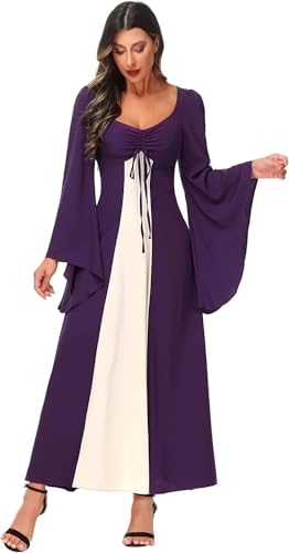 Jutrisujo Kleider Damen Mittelalter Kleid Trompetenärmel Bodenlanges Retro Kostüm Gewand Gothic Renaissance Viktorianisches Prinzessin Kleidung Hexenkostüm Violett XL von Jutrisujo