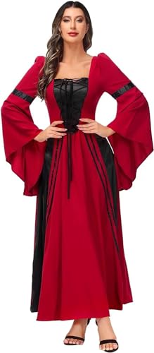 Jutrisujo Kleider Damen Mittelalter Kleid Trompetenärmel Bodenlanges Retro Kostüm Gewand Gothic Renaissance Viktorianisches Prinzessin Kleidung Hexenkostüm Weinrot 3XL von Jutrisujo