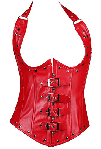 Jutrisujo Korsage Kunstleder Unterbrust Korsett Steampunk Leder Corsage Reissverschluss Halbbrust Corset Stahlstäbchen Rot M von Jutrisujo