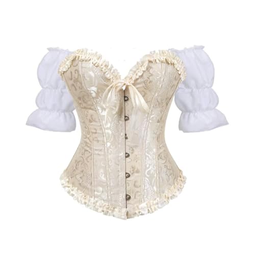 Jutrisujo Korsett Bluse Set Damen Mittelalter Kleidung Renaissance Corset Top Korsage Corsage Vintage Gothic Karneval Kostüm Frauen Khaki 2XL von Jutrisujo