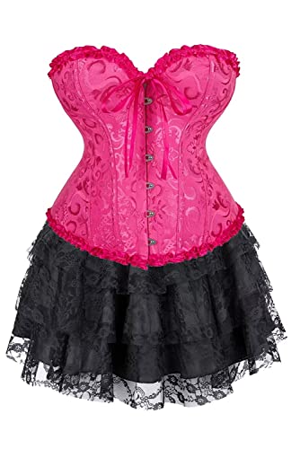 Jutrisujo Korsett Corsage Damen Kleid Rock Corset Dress Elegant Kostüm mit Corsagenkleid Spitzenrock Karneval Mittelalter Rosenrot M von Jutrisujo