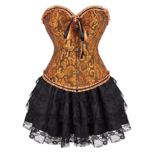 Jutrisujo Korsett Corsage Damen Kleid Rock Elegant Kostüm mit Corsagenkleid Spitzenrock Karneval Halloween Schwarz Gelb M von Jutrisujo
