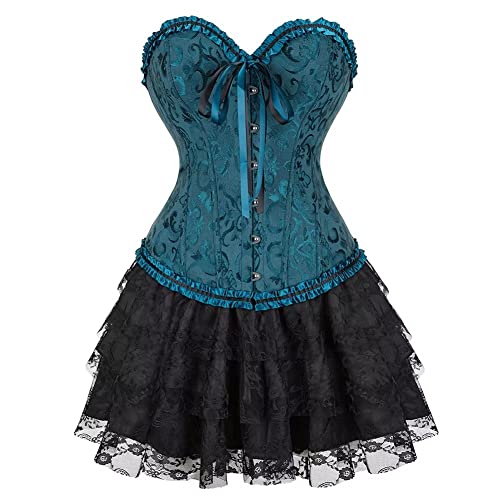 Korsett Corsage Damen Kleid Rock Elegant Kostüm mit Corsagenkleid Spitzenrock Karneval Halloween Schwarz Dunkelgrün M von Jutrisujo