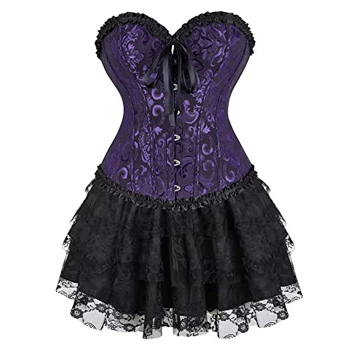 Jutrisujo Korsett Corsage Damen Kleid Rock Elegant Kostüm mit Corsagenkleid Spitzenrock Karneval Halloween Schwarz Violett M von Jutrisujo