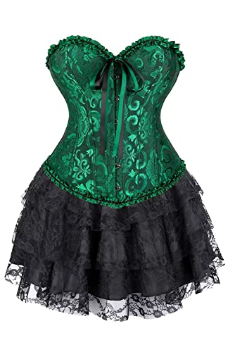 Jutrisujo Korsett Corsage Damen Kleid Rock Elegant Kostüm mit Korsagenkleid Spitzenrock Karneval Halloween Schwarz Grün 2XL von Jutrisujo