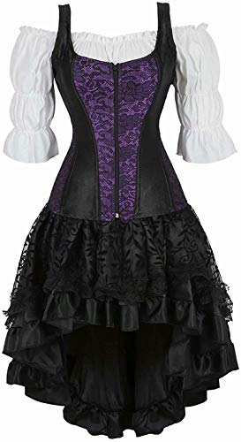 Jutrisujo Korsett Corsage Korsage Rock Kleid 3 Teilig Set Shirt Corsagenkleid Damen Corset Dress Vollbrust Bustier Gothic Halloween Violett 5XL von Jutrisujo