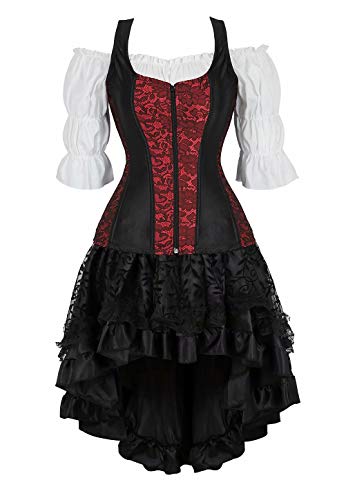 Jutrisujo Korsett Corsage Korsage Rock Kleid 3 Teilig Set Shirt Corsagenkleid Damen Corset Dress Vollbrust Bustier Gothic Halloween rot 4XL von Jutrisujo