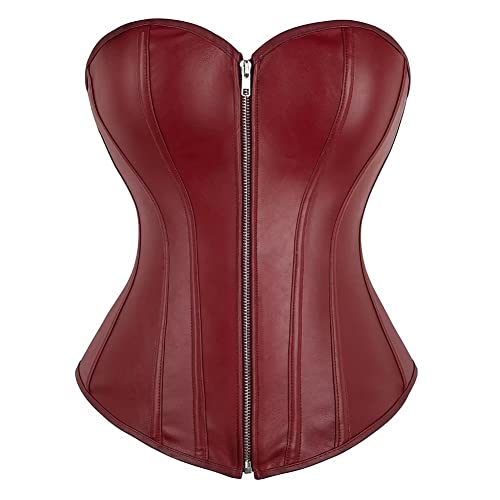 Jutrisujo Korsett Corsage Top Corset Bustier Lack Leder Reißverschluss Damen Burlesque Halloween Pirat Weinrot 2XL von Jutrisujo