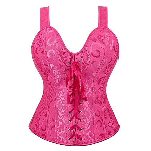 Jutrisujo Korsett Corset Damen Top Bustier Corsage Träger Strapse Reißverschluss Hosenträger Frauen Schnürt Satin Halloween Rosa XL von Jutrisujo