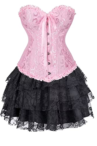 Jutrisujo Korsett Damen Corsage Kleid Rock Elegant Kostüm mit Korsagenkleid Spitzenrock Karneval Halloween Schwarz Rosa 2XL von Jutrisujo