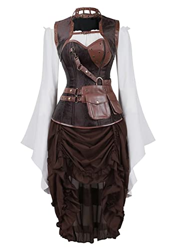 Jutrisujo Korsett Damen Kleid 3 Set Steampunk Corset Dress Rock Kostüm Pirat Bluse Top Corsage Piratenrock Braun M von Jutrisujo