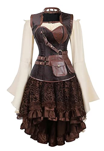 Jutrisujo Korsett Damen Kleid 3 Set Steampunk Corset Dress Rock Kostüm Pirat Bluse Top Corsage Piratenrock Halloween Braun 4XL von Jutrisujo