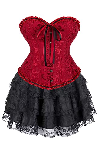 Jutrisujo Korsett Damen Kleid Rock Corsage Elegant Kostüm mit Corsagenkleid Spitzenrock Karneval Halloween Schwarz Burgund M von Jutrisujo