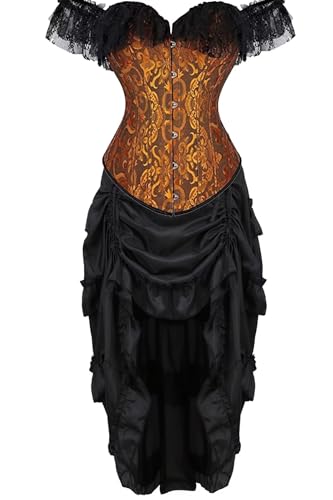 Jutrisujo Korsett Damen Kleid Set Corsage Corset Dress Spitze Lace Ärmel Weg Von Der Schulter Gelb 3XL von Jutrisujo