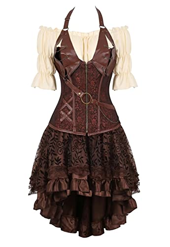 Jutrisujo Korsett Damen Piraten Steampunk Korsagenkleid Corsage Spitzenrock und Bluse Set Kostüm für Karneval Fasching Halloween Braun XL von Jutrisujo