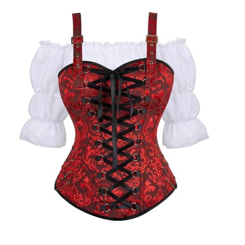 Jutrisujo Korsett Damen Set Shirt Elegant Blusen Festlich Mittelalter Kleidung Bluse Renaissance Steampunk Corset Corsage mit Strapsen Kostüm Pirat Rot 3XL von Jutrisujo