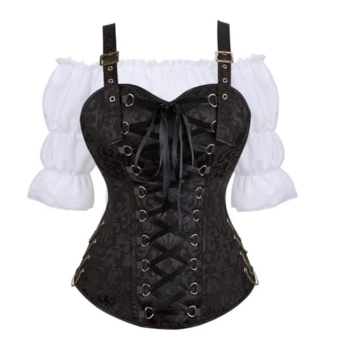 Jutrisujo Korsett Damen Set Shirt Elegant Blusen Festlich Mittelalter Kleidung Bluse Steampunk Renaissance Corset Corsage mit Strapsen Kostüm Pirat Schwarz L von Jutrisujo