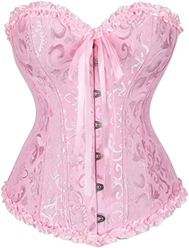 Jutrisujo Korsett Damen Top Corsett Korsage Satin Corsage Bluse Vintage Burlesque Halloween Gothic Frauen Große Größe Rosa M von Jutrisujo