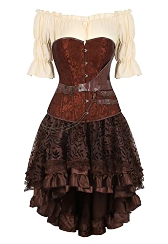 Jutrisujo Korsett Damen Steampunk Pirat Rock Set Corset Dress Vollbrust Corsagen Kleid Spitze Gothic Kostüm Burlesque Leder Halloween Braun L von Jutrisujo