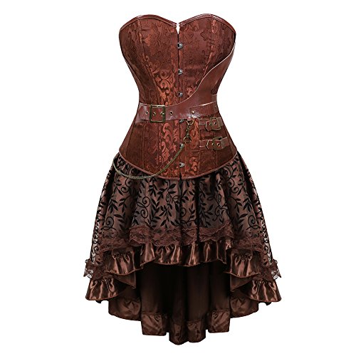 Jutrisujo Korsett Damen Steampunk Corset Dress Vollbrust Corsagen Kleid Spitze Gothic Kostüm Burlesque Leder Piraten Rock Halloween Braun 3XL von Jutrisujo