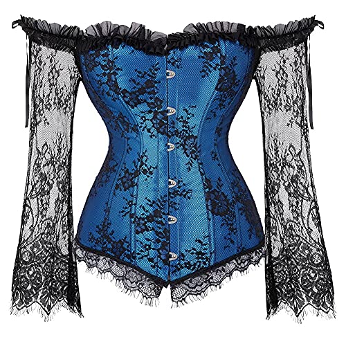 Jutrisujo Korsett Damen Top Corsage Corset Vollbrust Spitze Lange Ärmel Weg Von Der Schulter Vintage Blau 5XL von Jutrisujo