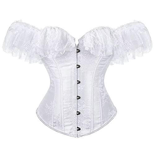 Jutrisujo Korsett Damen Top Corsage Corset Vollbrust Spitze Lace Ärmel Weg Von Der Schulter Vintage Weiß 2XL von Jutrisujo