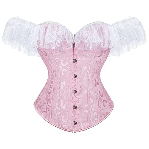 Jutrisujo Korsett Damen Top Corsage Korsage Vollbrust Spitze Lace Ärmel Weg Von Der Schulter Vintage Rosa L von Jutrisujo