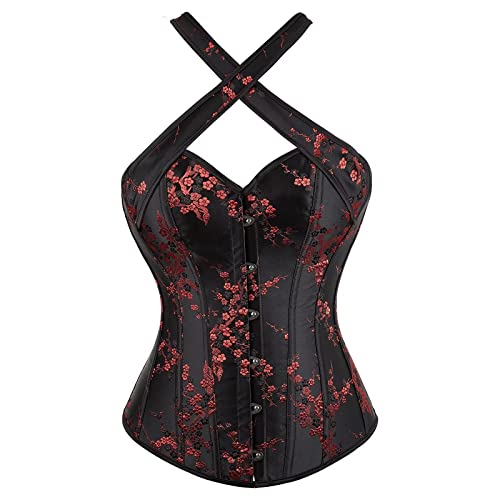 Jutrisujo Korsett Kamen Top Corsagen Vollbrust Corset Bustie Strapshalter Reißverschluss Dornenrost Blumen Spitze Vintage Schwarz 2XL von Jutrisujo