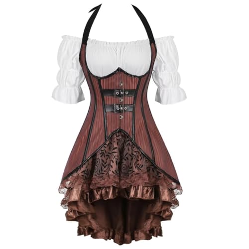 Jutrisujo Korsett Kleid 3 Set Damen Long Corsage Underbust Corset Pirat Kostüm mit Corsagenkleid Karneval Steampunk Fasching Halloween Braun 2XL von Jutrisujo