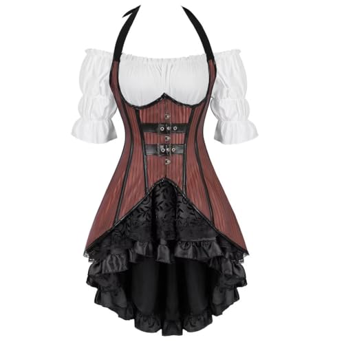 Jutrisujo Korsett Kleid 3 Set Damen Long Corsage Underbust Corset Pirat Kostüm mit Piratenkostüm für Karneval Steampunk Fasching Halloween Braun 7XL von Jutrisujo
