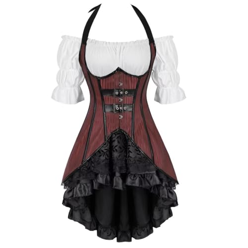 Jutrisujo Korsett Kleid 3 Set Damen Long Corsage Underbust Corset Pirat Kostüm mit Piratenkostüm für Karneval Steampunk Fasching Halloween Schwarz 2XL von Jutrisujo