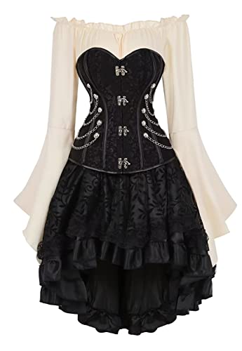 Jutrisujo Korsett Kleid 3 Set Steampunk Corsage Corsagenkleid Bustier Piraten Kostüm Spitzenrock und Bluse für Karneval Halloween Schwarz 2XL von Jutrisujo