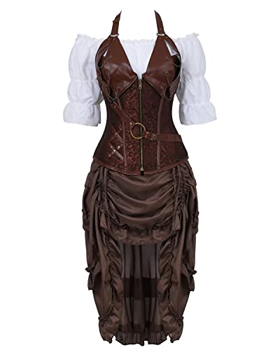 Korsett Kleid 3 Set Steampunk Corset Dress Rock Bluse Top Corsage Piratenrock Braun 4XL von Jutrisujo