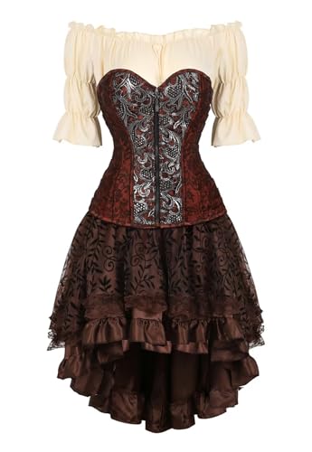 Jutrisujo Korsett Kleid 3 Set Steampunk Korsagenkleid Corset Dress Corsage Piraten Kostüm Piraten Spitzenrock Rock und Bluse Piratenkleid Halloween Braun M von Jutrisujo