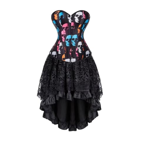Jutrisujo Korsett Kleid Damen Corset Dress Corsage Corsagenkleid Schädel Totenkopf Print Gothic Burlesque Fasching Halloween Schwarz M von Jutrisujo