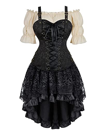 Jutrisujo Korsett Kleid Damen Halloween Rock 3 Pcs Steampunk Corsage mit Strapsen Spitze Corset Dress Bustier Damen Corsagenkleid Kostüm Pirat Schwarz 3XL von Jutrisujo