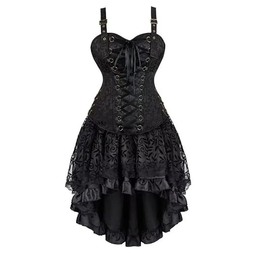 Jutrisujo Korsett Kleid Damen Halloween Rock Set Steampunk Corsage mit Strapsen Spitze Corset Dress Bustier Damen Corsagenkleid Kostüm Pirat Schwarz L von Jutrisujo