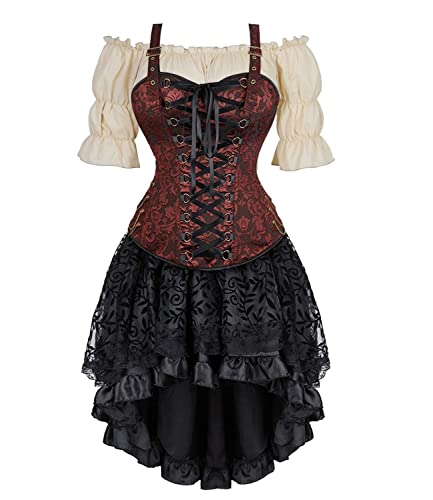 Jutrisujo Korsett Kleid Damen Rock 3 Pcs Steampunk Corsage mit Strapsen Spitze Corset Dress Bustier Damen Korsagenkleid Kostüm Pirat Halloween Braun 2XL von Jutrisujo
