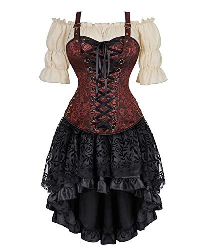 Jutrisujo Korsett Kleid Damen Rock 3 Pcs Steampunk Corsage mit Strapsen Spitze Corset Dress Bustier Damen Korsagenkleid Kostüm Pirat Halloween Braun 3XL von Jutrisujo