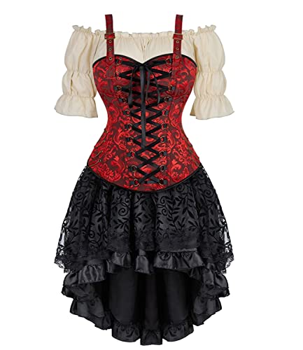 Jutrisujo Korsett Kleid Damen Rock 3 Pcs Steampunk Corsage mit Strapsen Spitze Corset Dress Bustier Damen Korsagenkleid Kostüm Pirat Halloween Rot 4XL von Jutrisujo