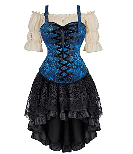 Jutrisujo Korsett Kleid Damen Rock 3 Pcs Steampunk Corsage mit Strapsen Spitze Corset Dress Bustier Damen Korsettkleid Kostüm Pirat Halloween Blau M von Jutrisujo